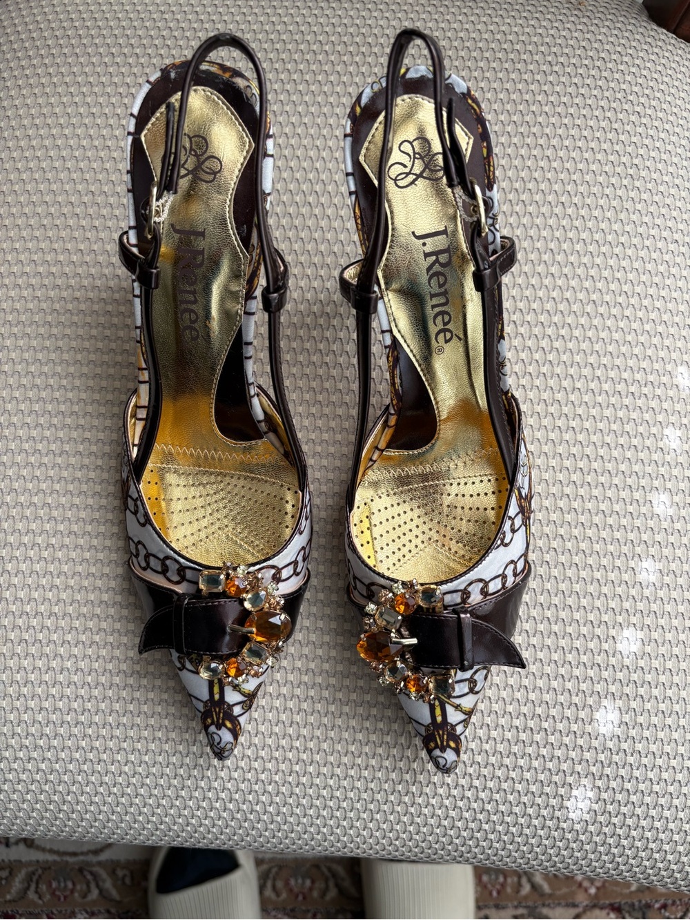 J.Renee Brown, White & Gold Embellished Pointed Toe Slingback Heels